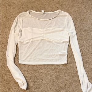 White Long-Sleeve Sheer Ruched Front Crop Top